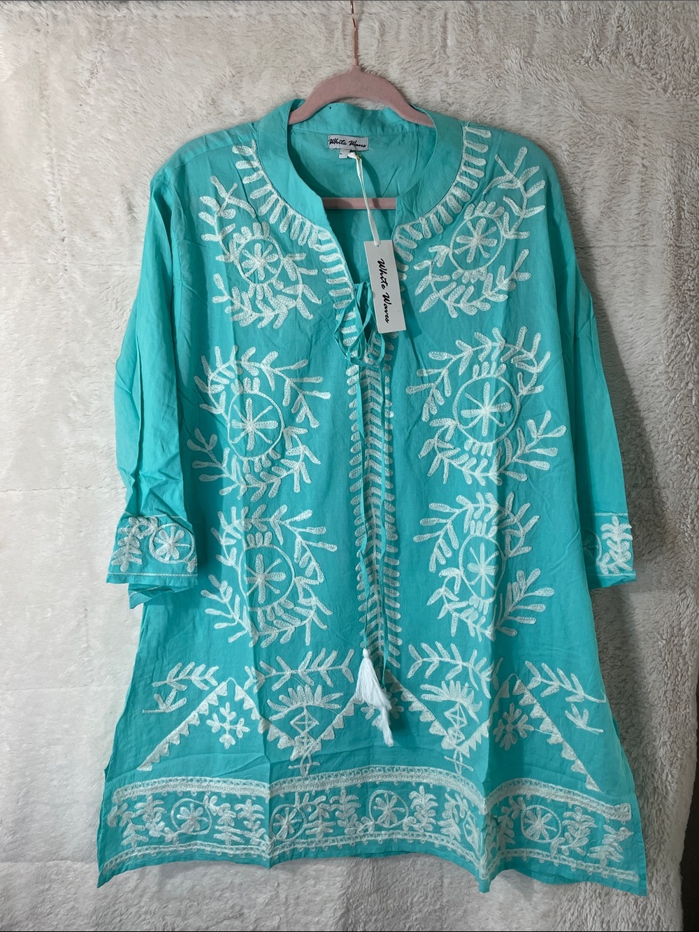 Turquoise Embroidered Women's Tunic with Tassel Tie